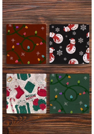 Yeni Yıl - Yılbaşı Doğal Taş Bardak Altlığı Uv Baskılı 4'lü Set - Stone Coasters - New Year Çok Renkli