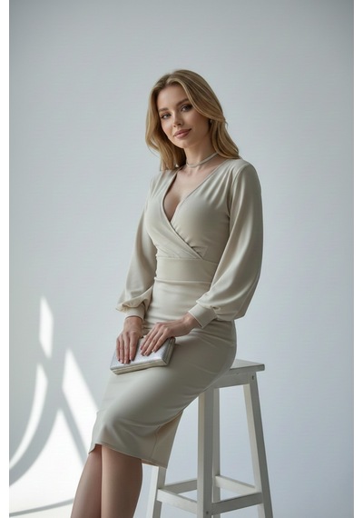 Defymoda Kadın Klasik Kesim Manşetli Elbise Bej