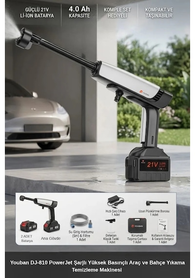 Dj-810 Yüksek Basınçlı Şarjlı Araç Ve Bahçe Yıkama Makinesi 30 Bar 2 Bataryalı Güçlü Motor 0 - 1 Saat