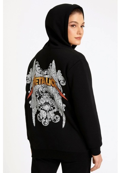 Suma Metallica İki İplik Kapüşonlu Ön Ve Arka Baskılı Hoodie - Siyah Sİyah