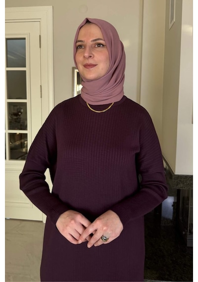 Rabia Şamlı Dora Triko Tunik Mürdüm Çok Renkli