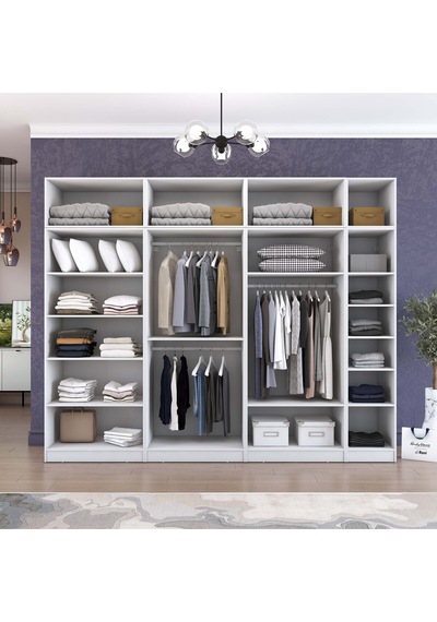 Rani Ba215 Geniş Gardırop Elbise Dolabı 14 Kapaklı 12 Raflı 3 Askılı Modüler Dolap Beyaz