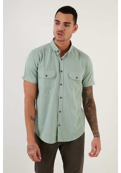 Buratti Düğmeli Yaka Pamuklu Slim Fit Cepli Erkek Gömlek Cf21S111153 Elma Yeşili