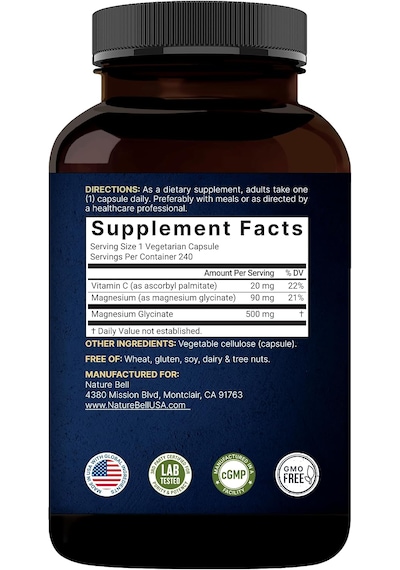 Naturebell Pure Magnesium Glycinate 500mg, 240 Veggie Capsules Orijinal Usa Menşeii Dmmedicineden