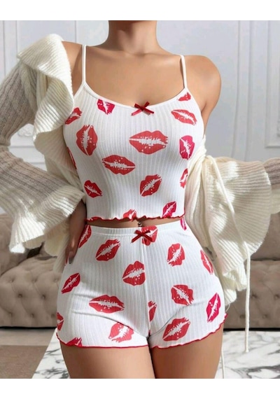Motto10 Butik Kadın Beyaz Dudak Desenli Seksi Gecelik Takım 5021
