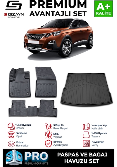 S-dizayn Peugeot 3008 3d Pro Havuzlu Paspas Ve Üst Bagaj Havuzu Seti 2'li Set 2016-2023 A+ Kalite