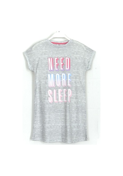 Duble Kol Need More Sleep Slogan Baskı Kız Çocuk Gri Renk Gecelik Gri