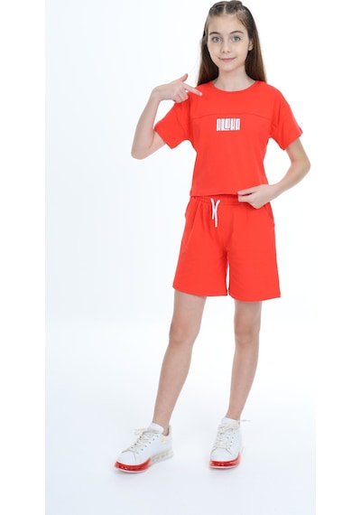 Toontoy Kids Toontoy Kız Çocuk Crop Aloha Yazı Baskılı Şortlu Takım Nar Çiçeği