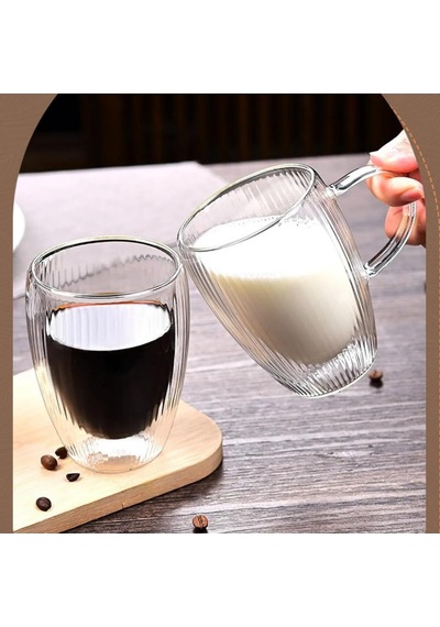 Çift Cidarlı Çizgili Cam, Kahve, Latte, Ekspresso, Meşrubat, Su Bardağı, 300 Ml, Cam Bardak, 1 Adet - 12322 Çok Renkli