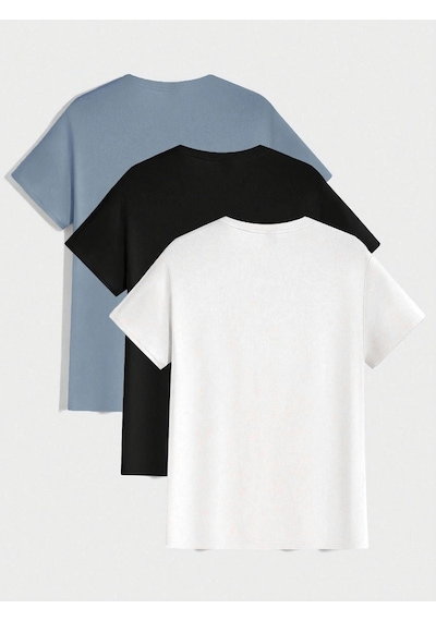 3'lü Basic Süprem T-shirt - Bebe Mavisi Siyah Beyaz Oversize Bisiklet Yaka Tişört Beyaz