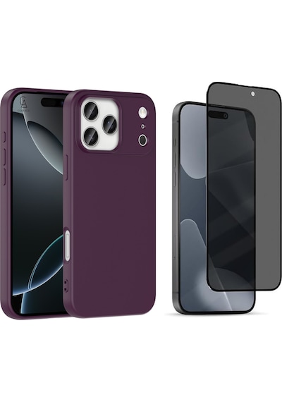 Apple Uyumlu iPhone 17 Pro Içi Kadife Lansman Kılıf Ve Hayalet Tam Kaplayan Cam Ekran Koruyucu Koyu Mor