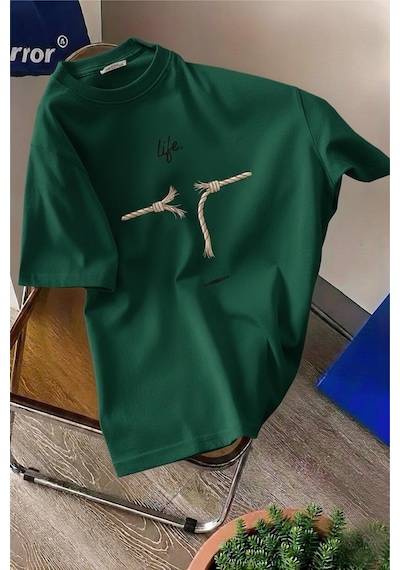 Life Design Minimalist İllüstrasyon Baskılı Unisex Oversize Tişört Yesıl