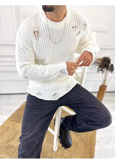 Elku Moda Kazak Oversize Yırtık Detaylı Lazer Kesim Tüylenmez Naturel Pamuk Rahat Kesim Salaş Kazak 001