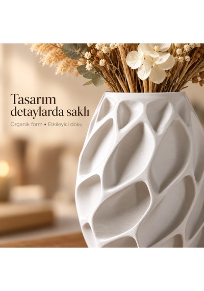 Yaprak Desenli Dekoratif Vazo 20 Cm Kuru Ve Yapay Çiçek Vazosu Beyaz