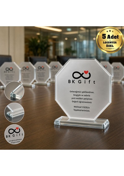 Logonuza Özel 5 Adet 14 X 14 Cm Mesajlı Sekizgen Şeffaf Kristal Cam Plaket Seti