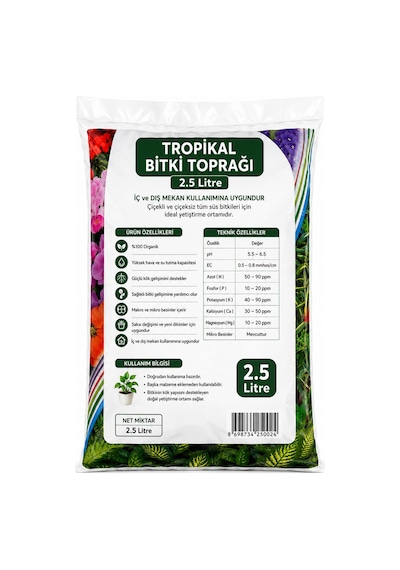 Tropikal Bitki Toprağı 2,5 Litre %100 Organik Saksı Toprağı İç Ve Dış Mekan Çiçek Toprağı 2,5 LİTRE