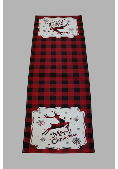 Masa Örtüsü Runner Yılbaşı Temalı Merry Christmas Geyikli 140x40 Raşel Örme Kadife Dijital Baskı Çok Renkli
