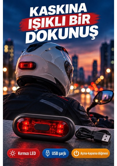 Usb Şarjlı Kırmızı Led Kask Işığı Açma Kapama Düğmeli Siyah Oval Kask Flaşörü Usb Kablolu 8,8x3,7 Cm