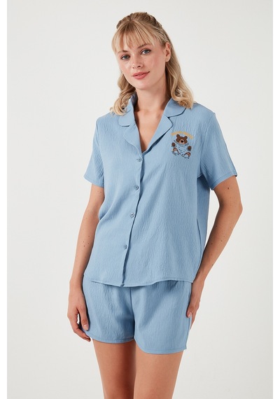 Lela Gömlek Yaka Beli Lastikli Kısa Kollu Şortlu Bayan Pijama Takımı 611Pt00065 Indigo