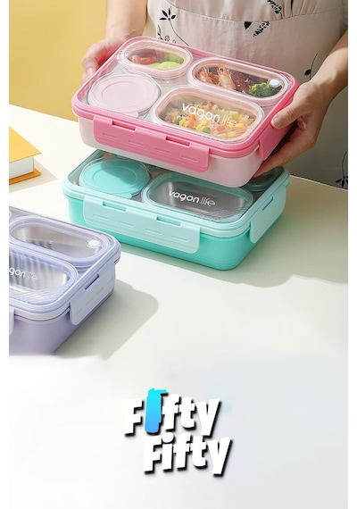 Vagonlife Lunch Box 950 ML Paslanmaz Çelik Tek Kat Dört Bölmeli Çorba Kaseli Metal Kaşıklı-fflbox7099