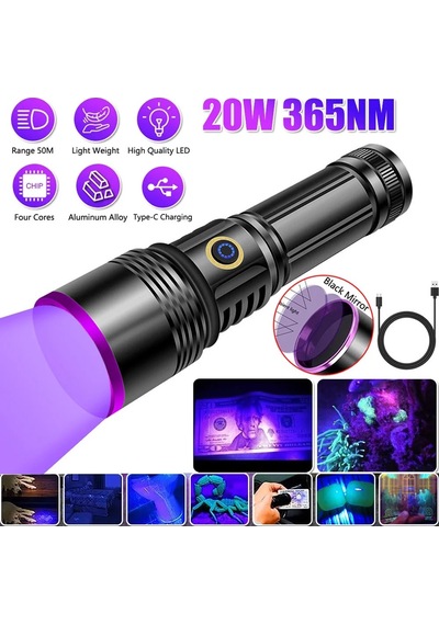 F.b.ı F-365 20watt Şarjlı 26650 Pilli Uv Led Mor Işıklı El Feneri Siyah
