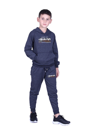 Fyk Kids Kapüşonlu Kanguru Cepli Creative Yazı Baskılı Erkek Çocuk Eşofman Takımı Füme
