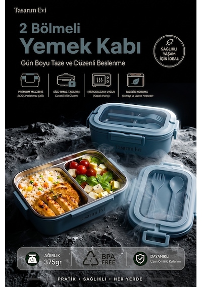 2 Bölmeli Paslanmaz Çelik Yemek Kabı Sızdırmaz Kapaklı, Taşınabilir Beslenme Kabı Açık Mavi