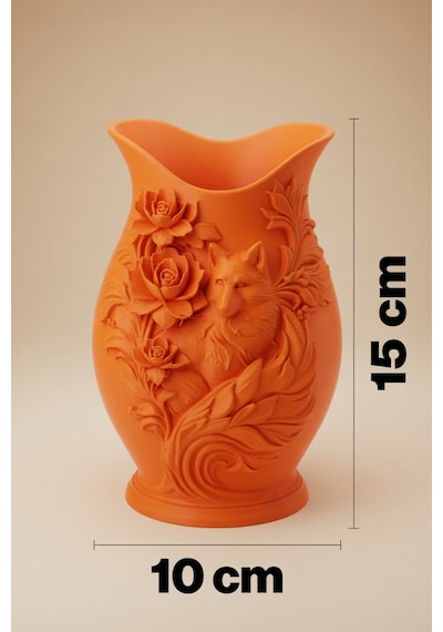 Kurt Desenli Gül Kabartmalı Dekoratif Vazo Mat Dokulu Ev Ofis Salon Masa Raf Süsü Çiçeklik 15x10 Cm Turuncu