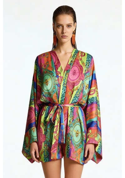Fumee Melia Kısa Saten Sabahlık / Kimono Çok Renkli