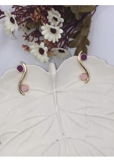 Aren Bijuteri Kadın Pembe Mor Daire Detaylı Gold Küpe Pembe - Mor