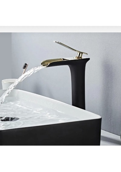 İsaoğlu Yapı Şelale Lavabo Bataryası Çanak Lavabo Musluğu Siyah Gold Naturel Akışlı Batarya Gold