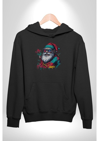 Renkli Noel Baba Yeni Nesil Gözlüklü Kadın Erkek Siyah Kapüşonlu Sweatshirt Hoodie Siyah