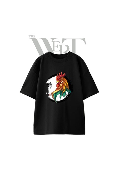 Thewert Chinese Rooster Tasarım Baskılı Ünisex Siyah Oversize T-shirt