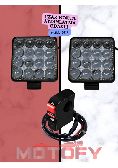 Uzak Aydınlatma Odaklı Mercekli 16 Ledli Motosiklet Sis Farı Takımı + Usb'li Buton 48+48 - 96 Watt