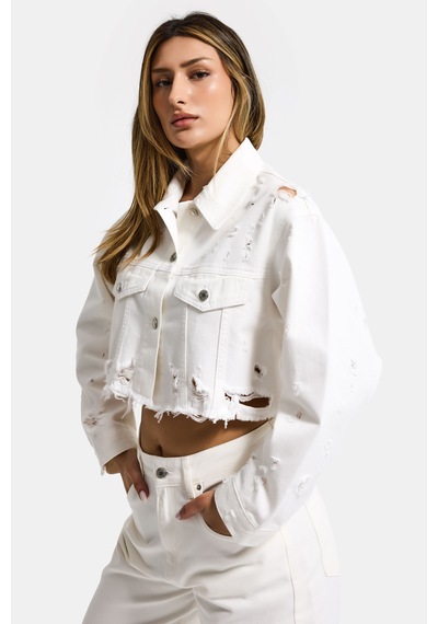 it's basic Kadın Kırık Beyaz 15s6-101 Crop Fit Lazer Detaylı Denim Ceket