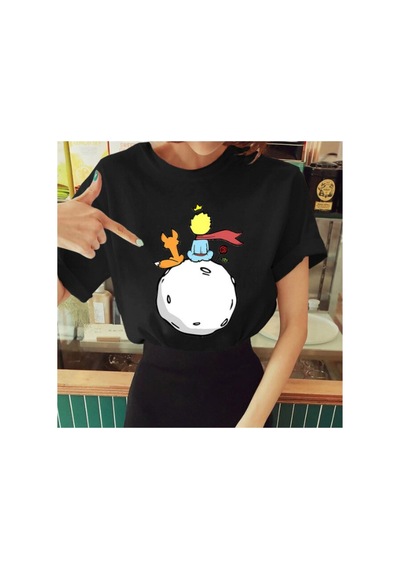 Flood Of Style Kadın Siyah Küçük Prens Baskılı Bisiklet Yaka Oversize Geniş Kalıp T-shirt Tişört