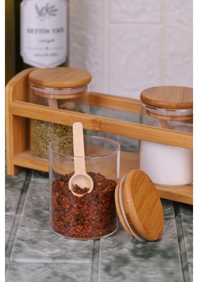 Bambu Silikonlu Kapaklı Borosilikat Cam Standlı Baharatlık - 250 Ml Baharat Takımı 13 Parça Kahverengi - Şeffaf