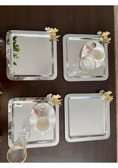 Atabey Home Collection 6 Adet Kahve & Çay & Sunum Tepsisi Metal Döküm Gümüş Tepsi Kelebek Aksesuarlı