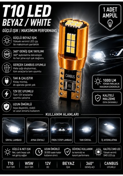 T10 W5w Led Beyaz Canbus Ampul 12v 360 Park Plaka Tavan İç Aydınlatma 1 Adet