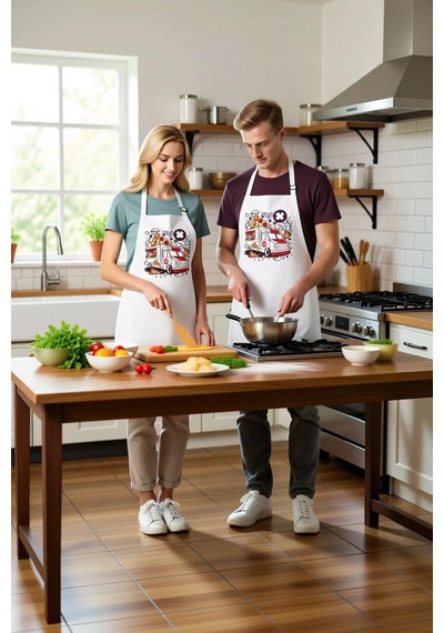Unisex Mutfak Önlüğü Pizza Baskılı Itfaiye Temalı Grafik Desen Ra Beyaz