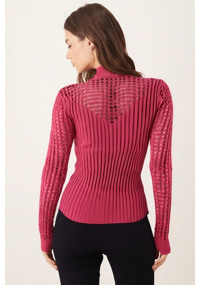 Armonika Kadın Pembe Dik Yaka Kolları Yakası Delikli Triko Kazak Arm-26k136060