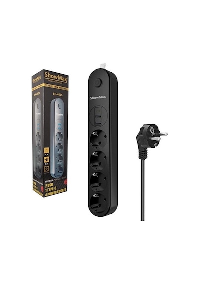 Showmax Sh-4625 4'lü Akım Korumalı Priz 2 Metre Anahtarlı 10a 2500 Watt 2 X Usb 1 X Type-c