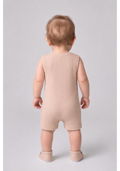 Babyden's Erkek Bebek Tavşan Desenli Yazlık Tulum Fitilli Pamuklu Kolsuz Bebek Tulumu Çıtçıtlı Romper 0-9 Ay Bej