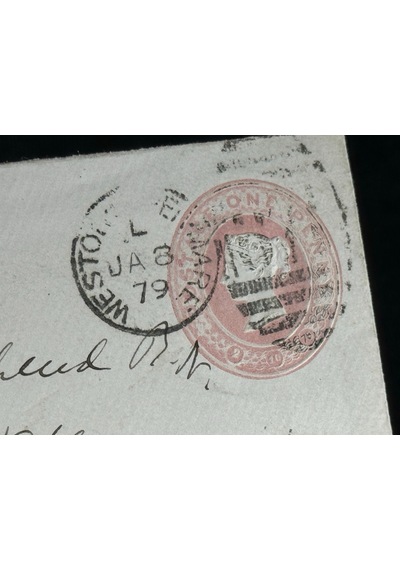 İngiltere Klasik Dönem 1879 Victoria Dönemi Pink Penny Kendinden Pullu Antiye Zarf Varış Damgalı