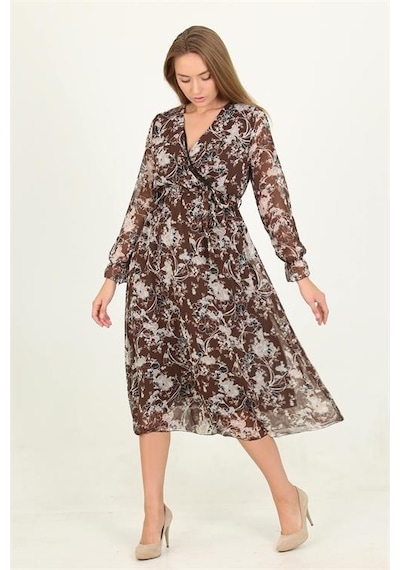 Neşeli Butik Kadın Kahverengi Desenli Midi Boy Şifon Elbise Rssn15 Kahverengi