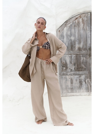 Mai Collection Mai Studios Co. Jelsomina Oversize Bej Keten Gömlek Pantolon Takım Bej