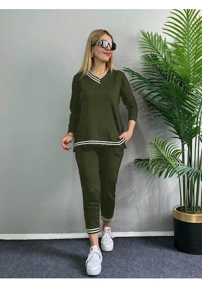 Defymoda Kadın Uzun Kollu Ribana Detay Viskon Iki Iplik Ikili Takım Haki