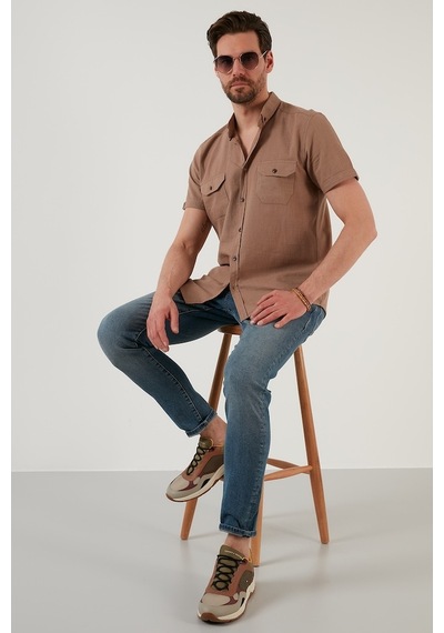 Buratti Düğmeli Yaka Pamuklu Slim Fit Cepli Erkek Gömlek Cf21S111153 Toprak