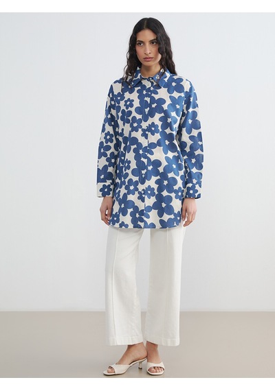 Lcw Modest Mavi Desenli Oversize Kadın Gömlek Tunik