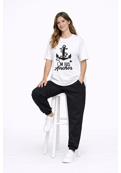 Sevgili Kombini Oversize Çift Tişört Unisex Captain Anchor Baskıl Beyaz